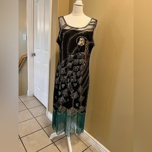 Unique Vintage “Peacock” Dress Size XL; With Sequins, Beading and Fringe